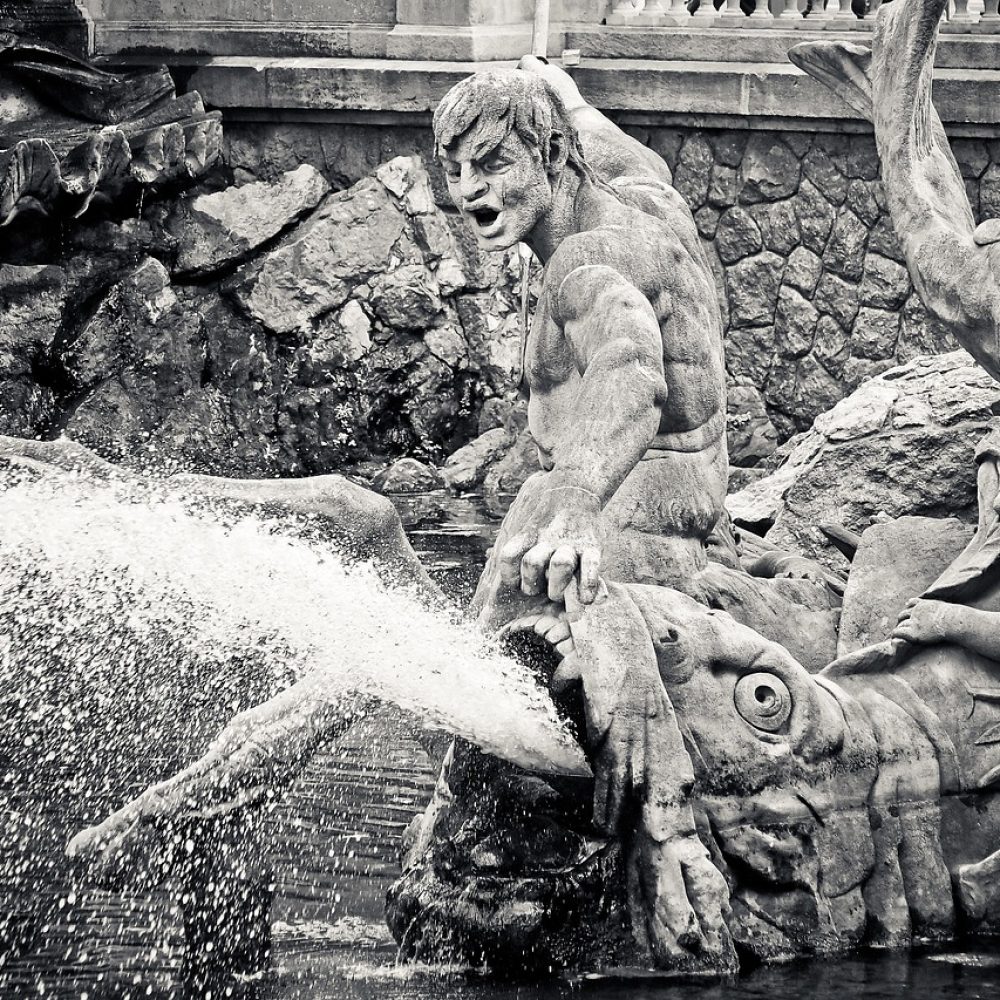 statue, fountain, figure, sculpture, old, monument, historical, sightseeing, distinctive, stone, nature, stone sculpture, neptune, god neptune, kögraben, dusseldorf, black-and-white, contrast dark, water, spit, fontaine, structure, the shade, grim, mood, contrast